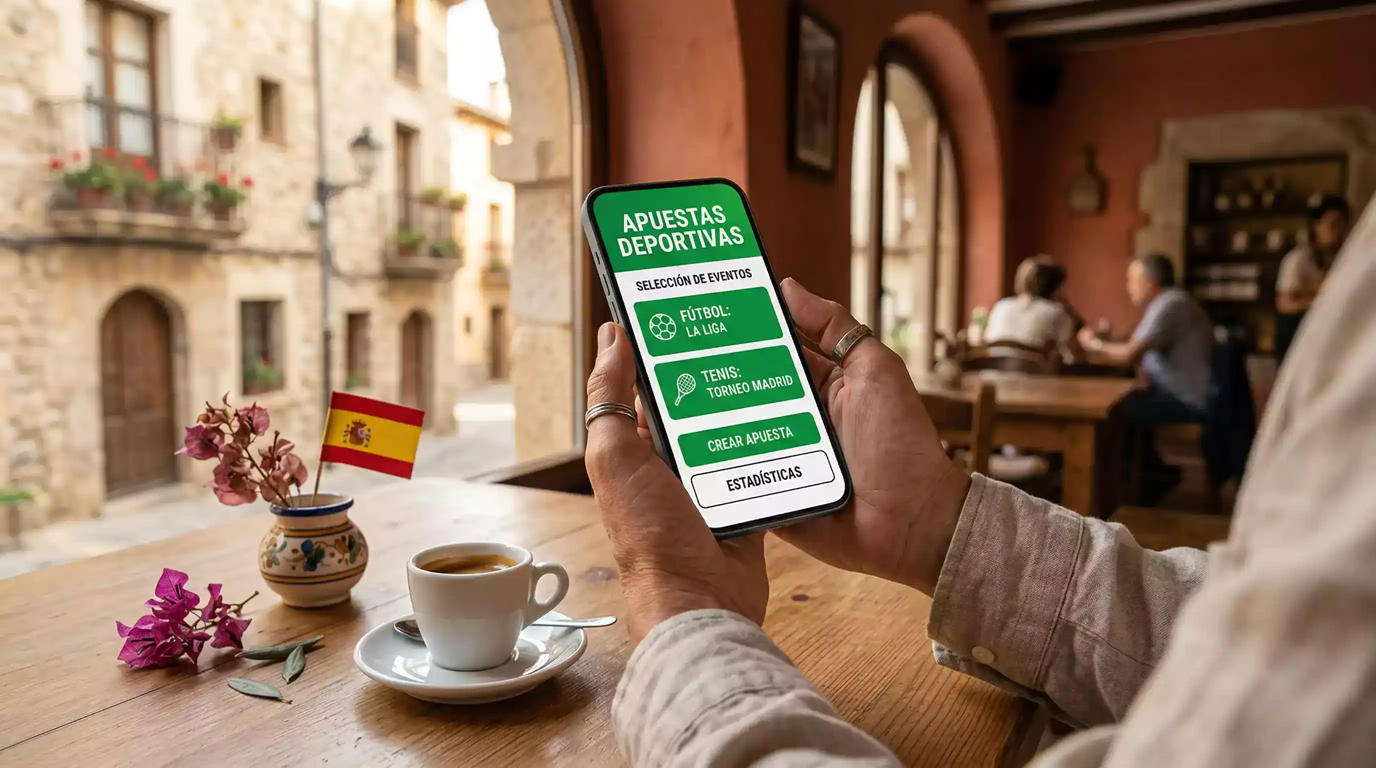 Persona consultando cuotas de apuestas deportivas en dispositivo movil con bandera de España