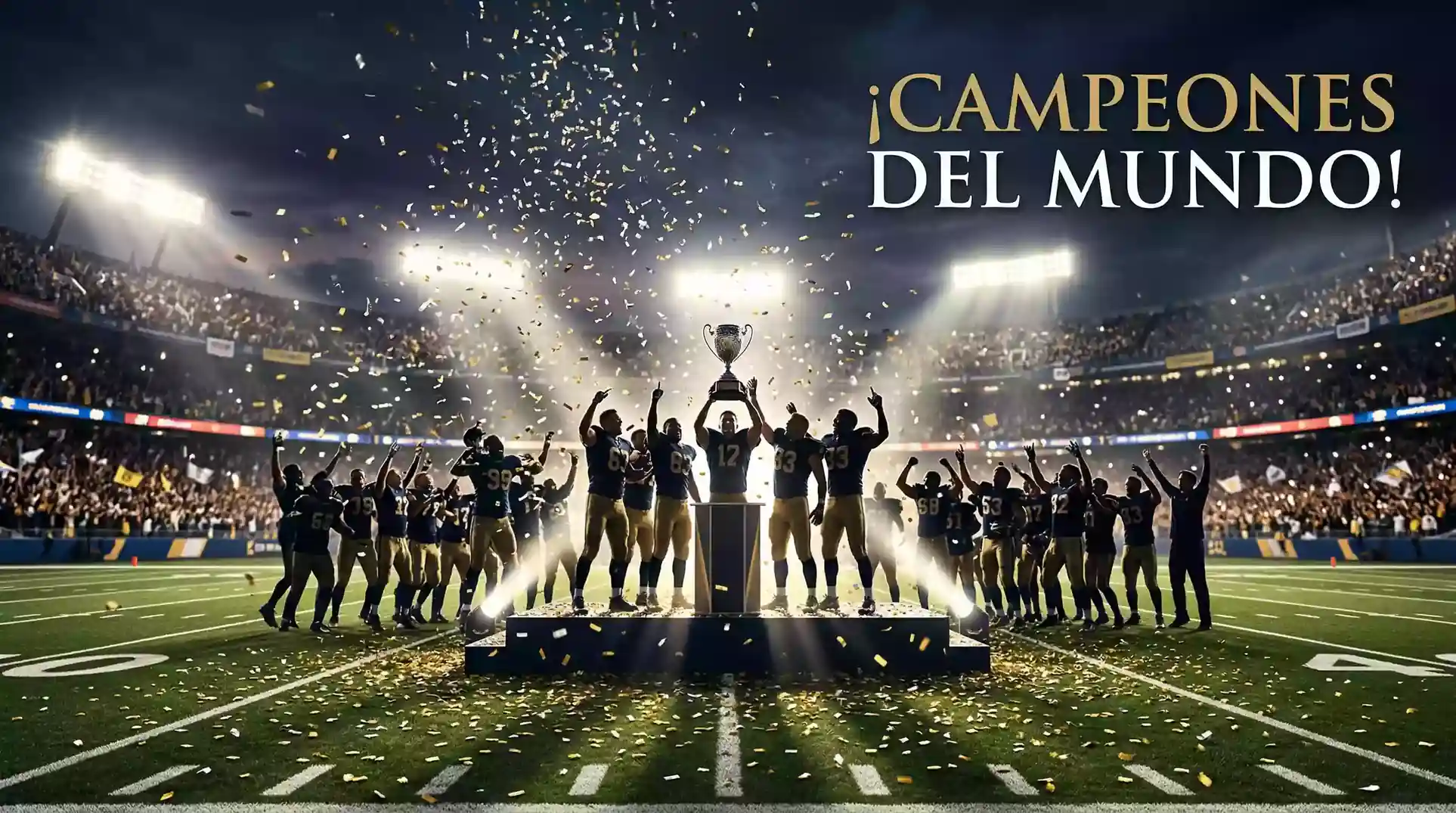 Trofeo del College Football Playoff en escenario con confeti dorado y logo CFP