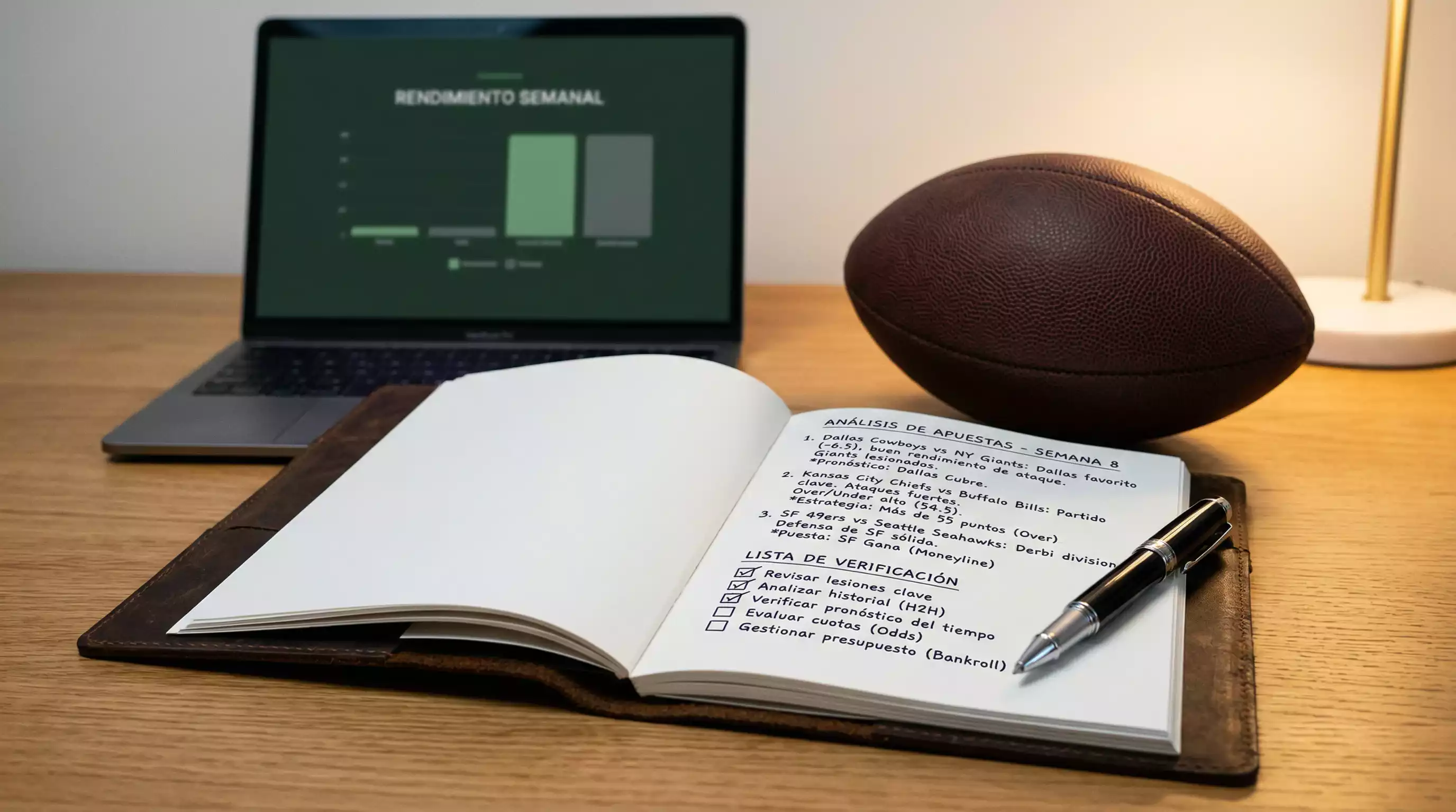 Tablero de estrategia con marcador de fútbol americano y notas de analisis sobre totales